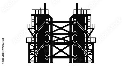 A stark black and white illustration depicts an industrial structure resembling an oil rig or complex machinery high quality professional