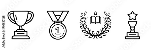 Awards icon set with trophies, medals, laurel wreath, and star trophy illustration in line art style featuring achievement, competition, victory with success and recognition elements for vector,