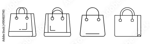 Set of four minimalist shopping bag icons, line art vector graphics.