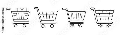Collection of four shopping cart icons with different designs, vector graphics.