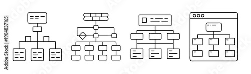 Four different organizational chart and flowchart icons in line art.