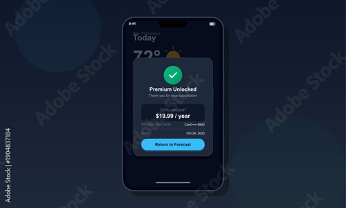 A mobile phone screen shows a successful premium subscription unlock message for a weather app. The dark mode interface includes payment details and a blue return to forecast button.