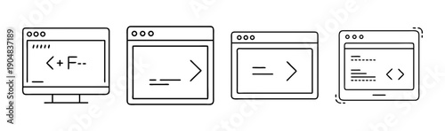 Collection of computer terminal and command line interface icons for software development.