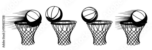 Basketball hoop hand drawn set with balls swishing into nets, sketchy motion speed lines, black ink doodle style for sports graphics, posters, and street art design