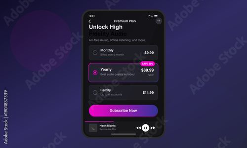 A mobile application interface on a smartphone screen shows premium subscription plans for a music service. The design uses a dark mode aesthetic with vibrant purple and pink highlights.
