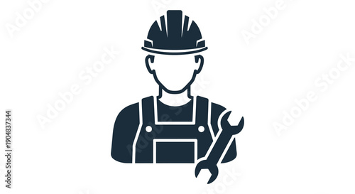 A dark blue silhouette depicts a construction worker wearing a helmet and overalls holding a wrench high quality