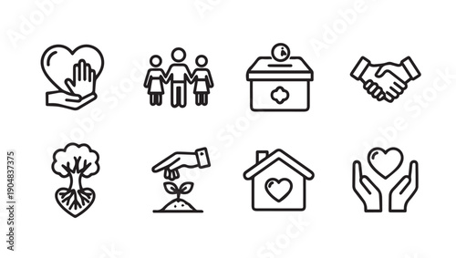 Charity and Giving Icons: Hand Holding Heart, Family, Donation Box, Handshake, Growing Tree, Seedling, Home, Hands Holding Heart