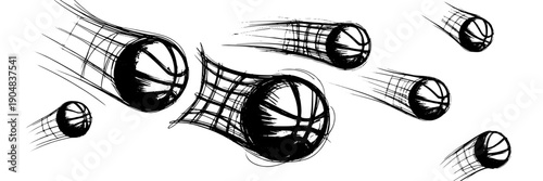 Meteors sketch set with black ink brush streaks and glowing fireball shapes, hand drawn comic style shooting stars and space debris trails isolated on white