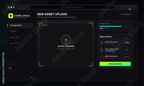 A futuristic dark mode user interface for a digital asset management system featuring a file upload zone, storage progress bar, and a queue status list with neon accents.