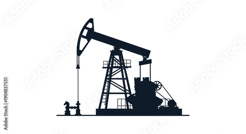 A stark silhouette depicts a traditional oil pump rig against a bright white background symbolizing energy extraction
