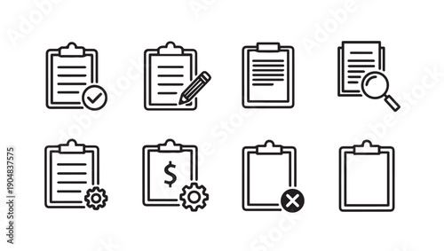 Clipboard Icons Set: Checklist, Pencil, Magnifier, Gear, Dollar, Cancel, Blank - Line Art