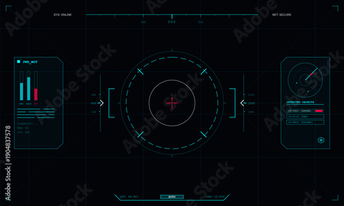 A futuristic digital heads-up display interface featuring a central targeting reticle, radar tracking, power management bars, and system diagnostics on a dark grid background.