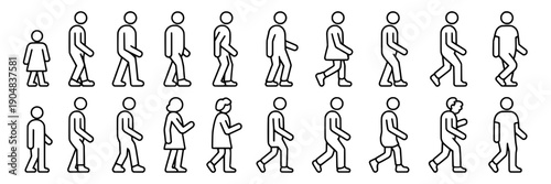 People walking icon set with stick figure men, women and kids in different step poses, outline line art pictograms for pedestrian movement, crowd animation frames