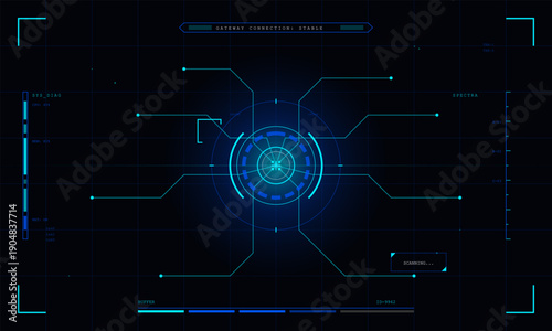 This high-tech digital interface displays a central scanning target with various data points and technical readouts on a dark blue grid background, representing a futuristic HUD system.