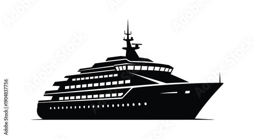 A striking black and white silhouette depicts a large luxurious yacht or cruise ship at sea high quality