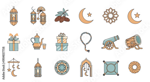 Islamic Icons Collection: Ramadan, Eid, Mosque, Crescent Moon, Lanterns, Cannon, Gifts, Rosary