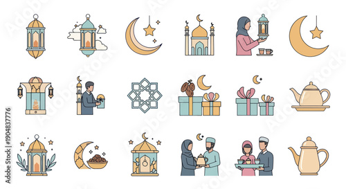 Ramadan Kareem Icons: Moon, Lanterns, Mosque, Gifts, People, Tea - Islamic Celebration Set