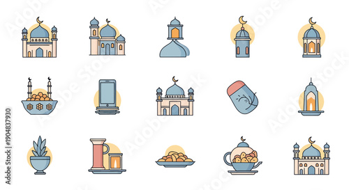 Ramadan Icons: Mosques, Lanterns, Dates, Tea, Prayer Mat & More Flat Design