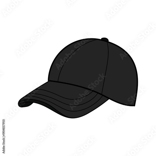 Simple black baseball cap vector illustration isolated on white background. Modern casual headwear design suitable for fashion, sports, streetwear, uniform, and branding mockups. Clean flat style idea