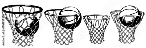Basketball hoop net set with four black line sketch baskets and balls, hand drawn sports equipment icons isolated on white, minimal doodle vector illustration