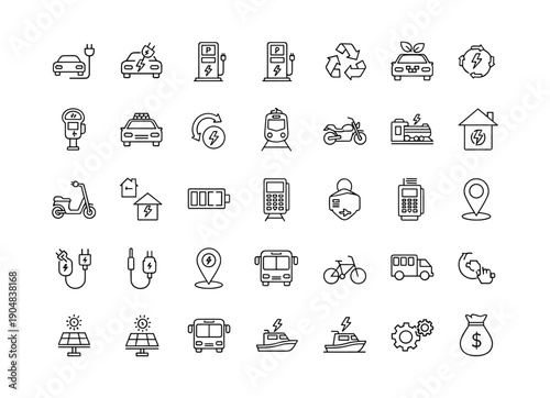 Collection of Outline Icons for Transportation, Energy, and Location Services