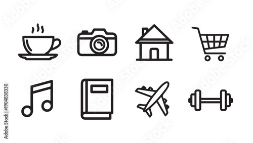 Collection of eight simple line icons representing coffee, camera, house, cart, music, book, plane, dumbbell