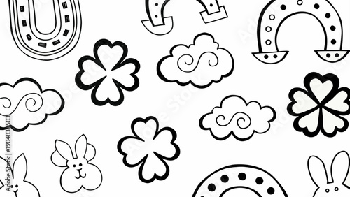 Whimsical monochrome doodle illustration of good luck symbols