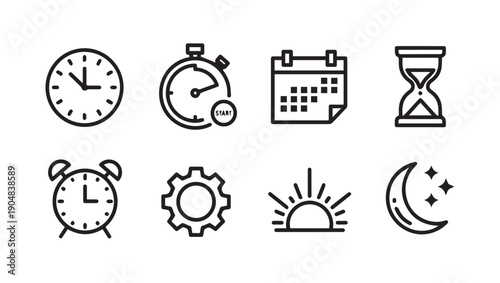 Collection of Time Icons: Clock, Stopwatch, Calendar, Hourglass, Alarm, Gear, Sunrise, Moon - Stock Icons