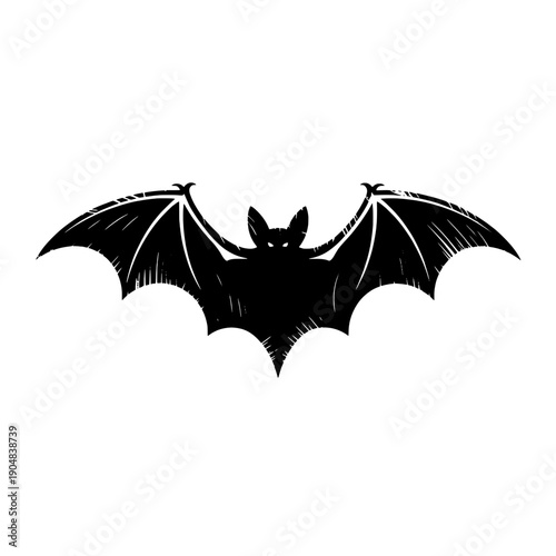 Bat silhouette vector illustration with wings spread and sketch details, isolated on white, perfect for spooky designs featuring halloween, dark, mysterious with flying and creature elements for