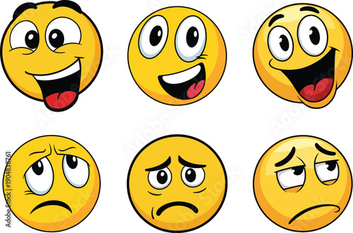 Cute cartoon emoji faces set showing happy and sad emotions, colorful smiley icons collection isolated on white background for chat, stickers, apps designs