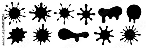 Splatter paint set with various shapes and sizes in black ink style for artistic designs and creative projects featuring design, abstract, illustration with vector and grunge elements for art,