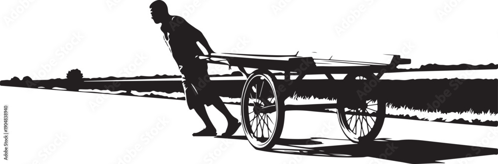 Fototapeta premium Man pushing a cart in a rural landscape setting