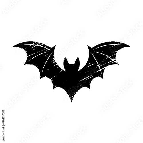 Bat silhouette grunge scratched logo with spread wings, spooky halloween night creature icon for horror poster, gothic branding, tattoo design, and dark fantasy themes