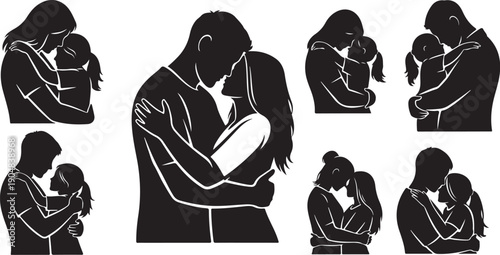 Silhouettes of couples embracing in various loving poses together
