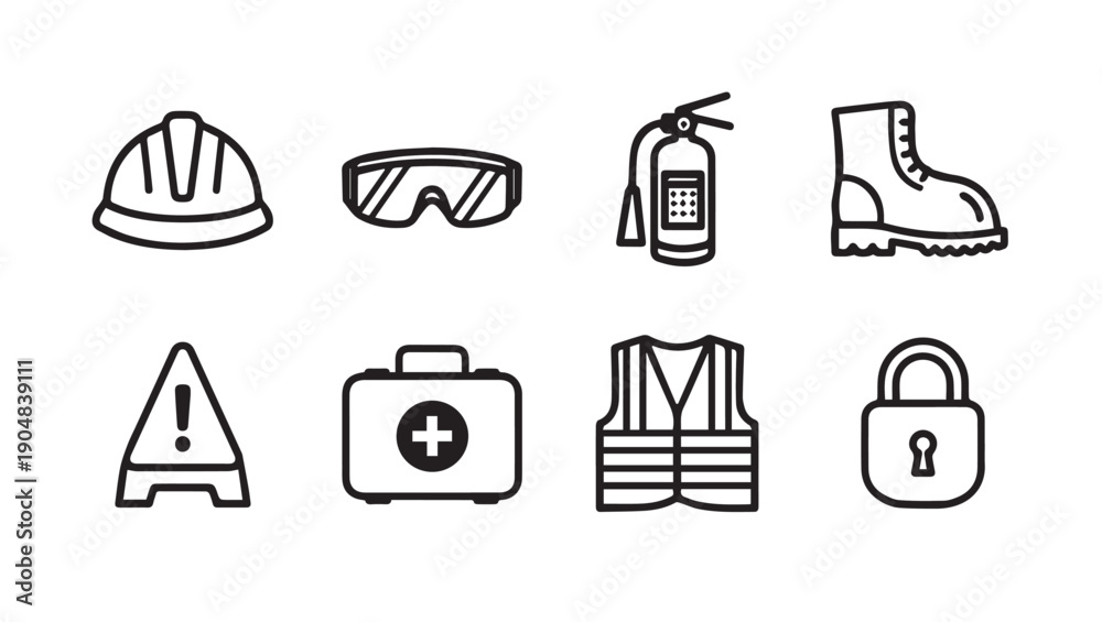 Fototapeta premium Construction Safety Gear Icons: Hard Hat, Goggles, Fire Extinguisher, Boots, First Aid, Vest, Lock