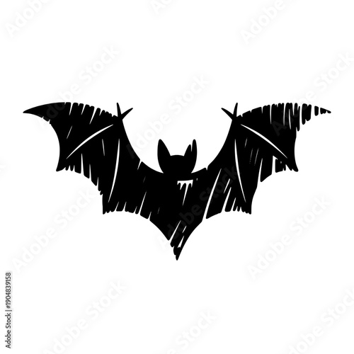 Bat silhouette graphic with spread wings and pointed ears, black flying animal icon in rough cutout style, spooky Halloween symbol isolated on white background