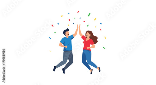 Man and woman celebrating, jumping and high-fiving, with colorful confetti, symbolizing shared triumph and joy.