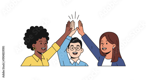Diverse team of three people giving a high-five, symbolizing collaboration, unity, and shared success.
