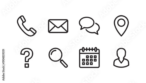Contact Icons Set: Phone, Mail, Chat, Map, Question, Search, Calendar, User - Line Art