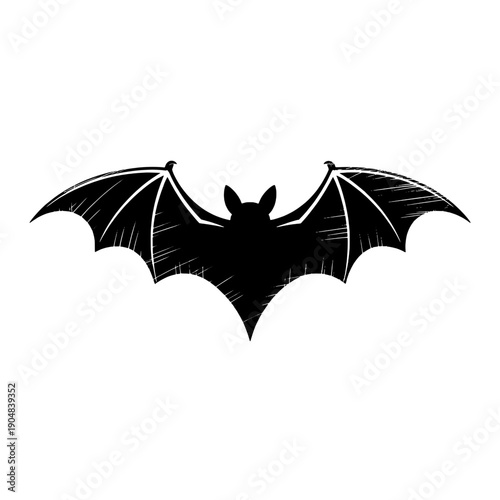 Bat silhouette with wings spread out and detailed texture in black and white featuring animal, mammal, nocturnal with nature and wildlife elements for icon, vector projects, clean composition on