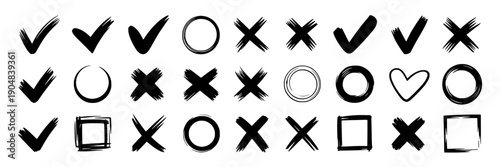 Symbols hand drawn set with various check marks, crosses, circles, squares, and hearts in different styles and thicknesses featuring black, white, vector with icons and doodle elements for grunge,