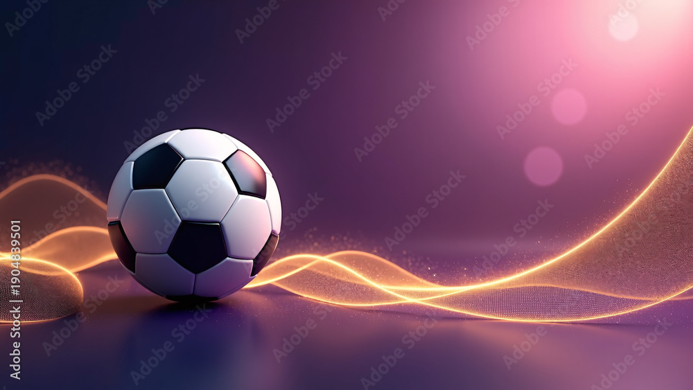 Naklejka premium A soccer ball rests against a deep purple‑pink backdrop, wrapped in glowing orange trails that swirl with heat and motion, creating a charged, modern, electrified atmosphere. 