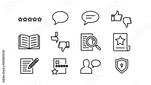 Customer Feedback Icons Set: Stars, Thumbs Up/Down, Chat Bubbles, Review Document, Magnifying Glass, Shield