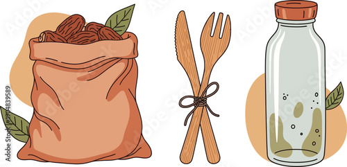 A brown fabric bag filled with dates wooden cutlery tied with twine and a glass bottle with a cap isolated on transparent background