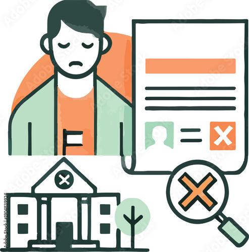 Sad person with rejected document and magnifying glass