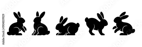Bunnies silhouette set with various poses and black color featuring animals, vector, illustration with cute and nature elements for spring, Easter projects, clean composition on simple background