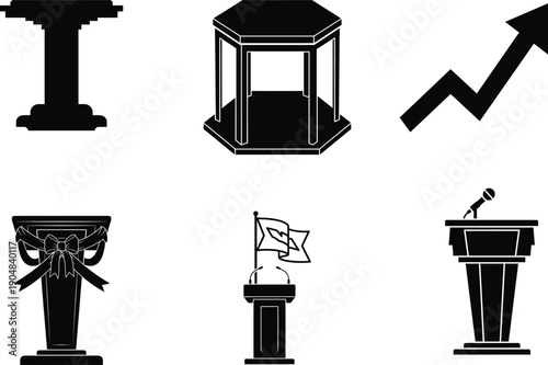 Various black silhouettes of public speaking and presentation elements on a white background.