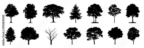Trees silhouette set with assorted deciduous and conifer shapes, black forest icons for landscape design, park map symbols, nature logo elements isolated on white