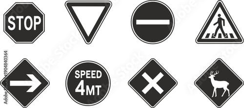 Black and white set of road traffic signs including stop, yield, pedestrian crossing, speed limit, direction, wildlife warning icons symbols isolated design