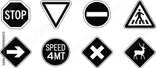 Black and white road traffic sign icons set including stop, yield, speed limit, pedestrian crossing, direction, warning symbols vector illustration